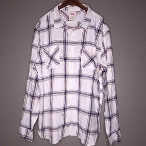 Levi Shirt Men's 2XL White Blue Plaid Flannel Button Down Long Sleeve Casual